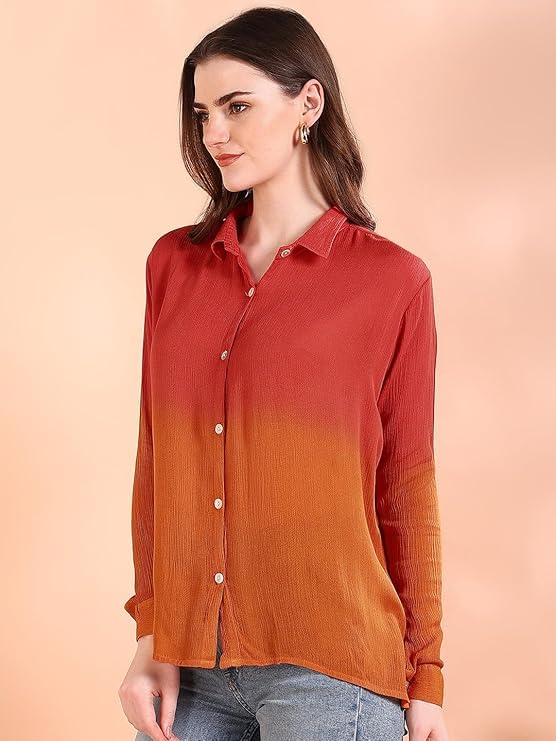 Image of Maaesa Women Handmade Ombre Tie & Dye Rayon Shirt | Relaxed Fit | Lightweight & Breathable | Long Sleeve Button-Down | Classic Collar | Casual & Office Wear