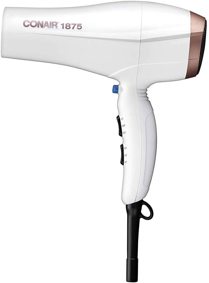 Conair Double Ceramic 1875W Hair Dryer, 3 Heat/ 2 Speed Blow Dryer, Powerful and Fast Drying, Includes Concentrator, Cool Shot Button, Removable Filter, White, Travel hair dryer