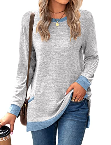 Image of Famulily Ladies Casual Wear Longline Round Neck Tops Color Block Jumper Sweatshirt Long Sleeve Baggy Tops Light Grey XL