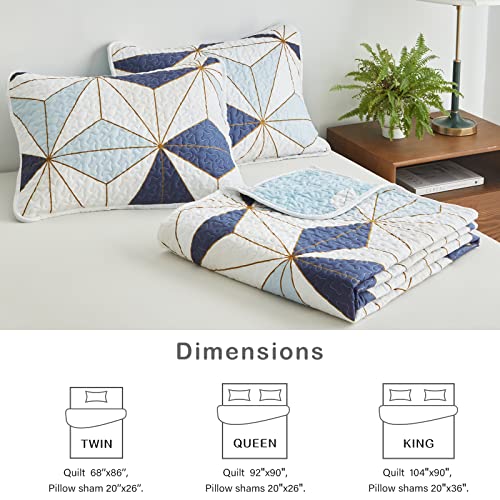 Flysheep 3-Piece Quilt Set Full Queen Size, Modern Colorful Geometric Patchwork Style Bedspread/Coverlet, Navy Blue N Beige Triangles On White, Brushed Microfiber For All Season #TOP3
