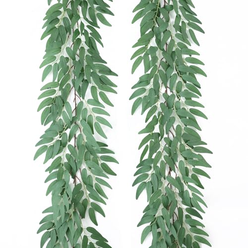 Mizii 2 Strands Artificial Vines Willows Garland 78" Fake Vine Italian Ruscus Silk Green Leaves Faux Hanging Plants Greenery Decoration for Table Centerpieces Home Room Party Wedding Decor (Willows)