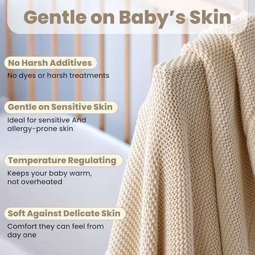 Image of 100% Organic Cotton Baby Knitted Blanket with Gift Box - Soft Toddler, Crib, Stroller Blanket - Neutral Swaddle and Receiving Blanket for Newborns, 30 inchx40 inch, Color Earth Ivory