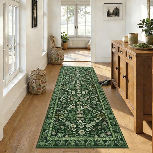 Alfombra cocina lavable antideslizante verde 80x200cm motivo floral 2