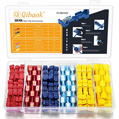 Qibaok 120 PCS T-Tap Wire Connectors Self-Stripping Quick Splice Electrical Terminals and Nylon Insulated Male Quick Disconnect Spade Terminals Kit