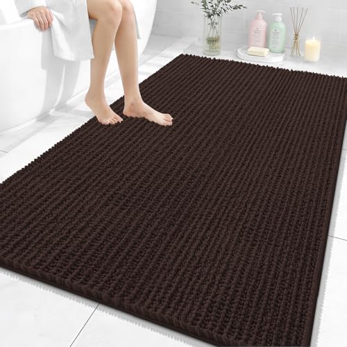 Image of OLANLY Bathroom Rug Mat 59x35, Thick Soft and Absorbent Chenille Bath Mat, Non-Slip Rubber Backing, Machine Washable Quick Dry Bath Rugs for Tub Shower Floor, Home Decor Accessories, Brown