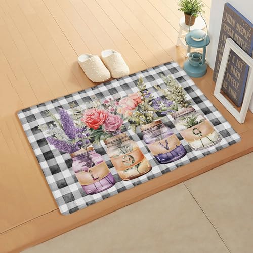 Valentine's Plaid Kitchen Bath Door Mat Cushioned Runner Rug,Washable Welcome Floor Sink Antifatigue Mat,Waterproof & Non-Slip Comfort Standing Doormat,Botanical Lavender Roses Flower Leaves 18