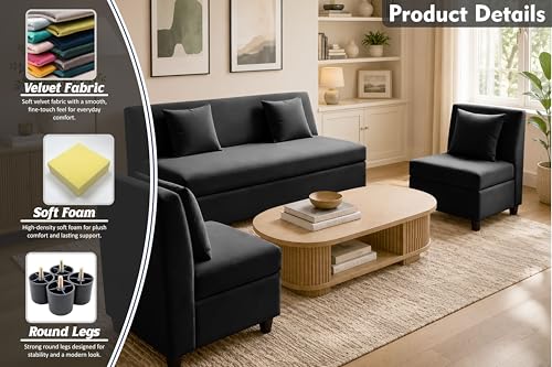 Image of 3+1+1 Modern Velvet Fabric Sofa Set for Living Room | Three Seater Sofa with 2 Single Seater Chairs | for Home, Office| Black