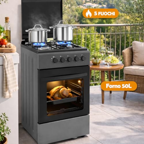 Bakaji Cucina Da Esterno Alimentazione A Gas Con Forno E 4 Fuochi, Cucinino Con Bruciatori E Griglie Rimovibili In Ghisa Con Mobile E Accensione Ergonomica, Ideale Per Esterni Ed Interni (Grigio) - 2