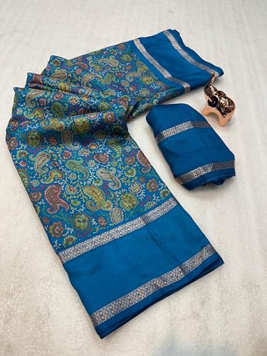 Image of Kalamkari Floral Prints Dola Silk Saree With Rich Zari Border Designer Pallu Attach Blouse Piece