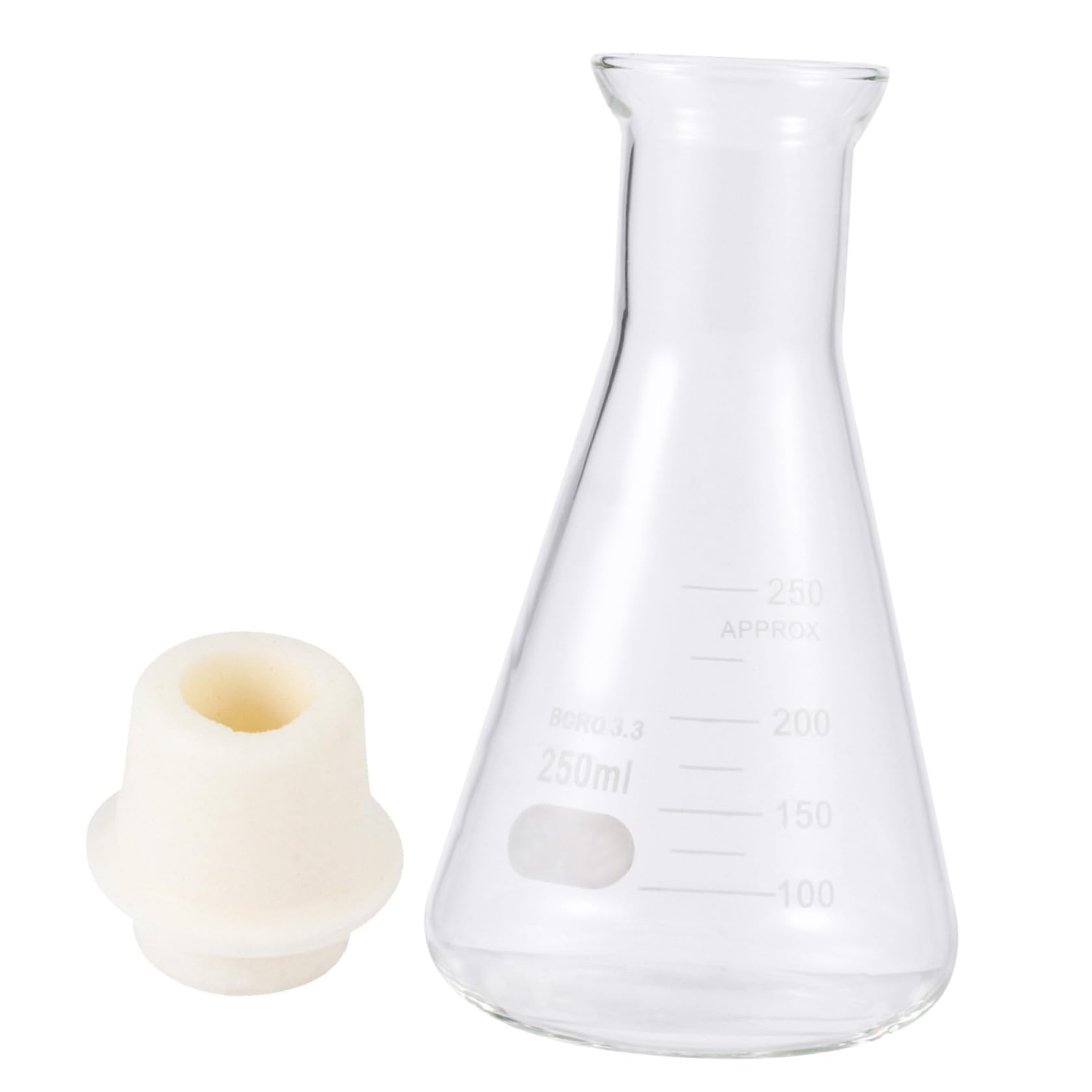 Kichvoe Matraz Erlenmeyer De Vidrio Matraz Cónico Matraz De Vidrio De Boca Ancha Matraces Aforados Con Tapón De Goma (250 Ml)