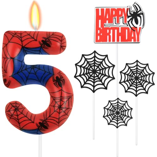 HOTUT Bougie Araignée, Rouge Bleu Bougie Araignée, Numéro en Toile, Gâteau d'Anniversaire Décorations d'Anniversaire en Forme pour Garçons et Filles