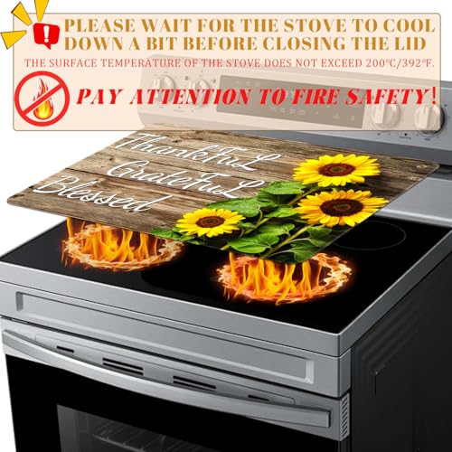 Image of Sunflower Stove Top Cover for Electric Stove 28 inch x 20 inch Heat Resistant Glass Stove Top Cover Protector with Thankful Grateful Blessed Design Glass Cooktop Cover for Electric Stove Kitchen Counter Cover