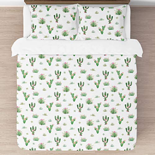 Image of Sweet Jojo Designs Pink and Green Boho Watercolor Cactus Floral Girl Full /Queen Kid Childrens Bedding Comforter Set - 3 Pieces