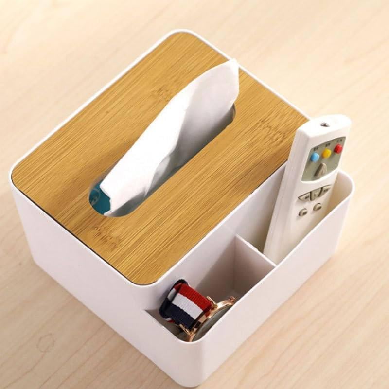 7Seas Wooden Look Tissue Storage Box for Bathroom Countertops Bedroom and Restaurant | Multi-Compartment Tissue,Napkin Holder Box with Remote Holder,Accessory Holder Box, Wooden Tissue Box