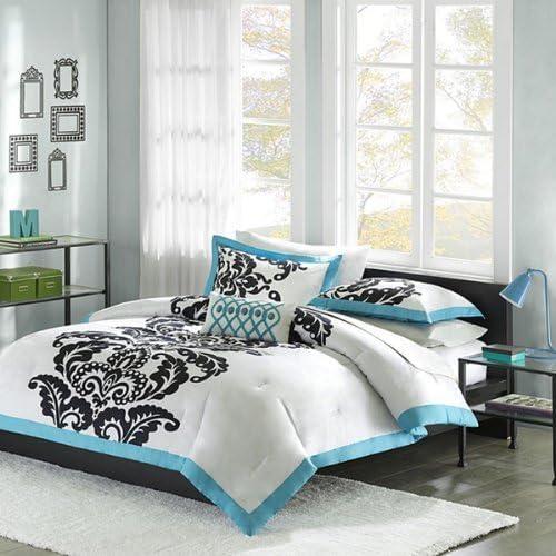 White, Teal & Black Teen Girls Queen Comforter, Shams & Toss Pillow 4 Pc Bedding by Teen Bedding
