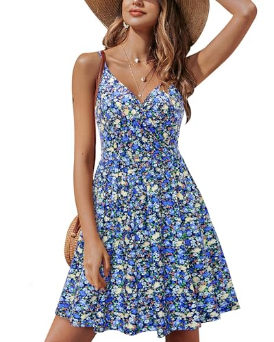 Image of STYLEWORD Womens Sundress Summer Floral Wrap V Neck Backless A-Line Casual Beach Midi Dress