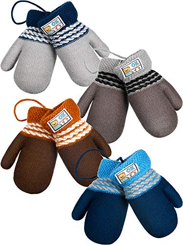 SATINIOR 4 Pairs Fleece Toddler Mittens with String 1-3 Years Fleece Baby Mittens Winter Lining Infant Gloves Warm Thermal Gloves for Baby Kid Toddler