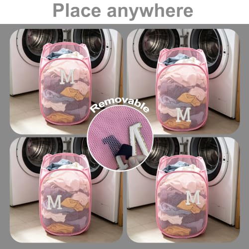 Image of Collapsible Pop Up Laundry Hamper, Extra Large with Removable Initial Letter M, Mesh Foldable Laundry Basket, 28 inch x 16 inch x 16 inch (Pink)