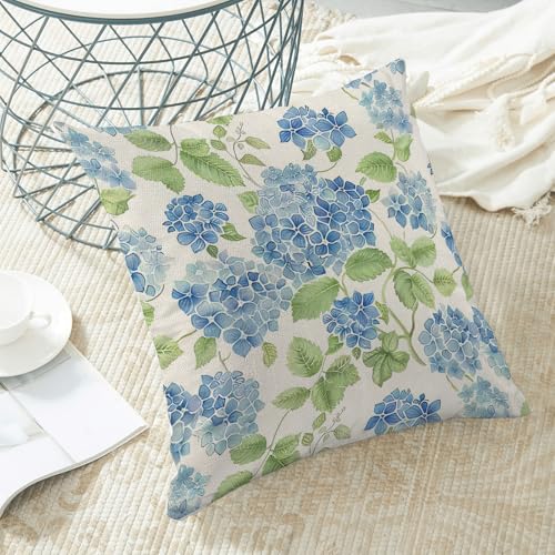 Sorktse Blue Green Floral Pillow Covers 18x18 Inch Set of 2 Blue Sage Green Hydrangea Floral Throw Pillows Spring Summer Flower Pillowcases Outdoor Decor Linen Cushion Covers for Couch Sofa Bed — view 4