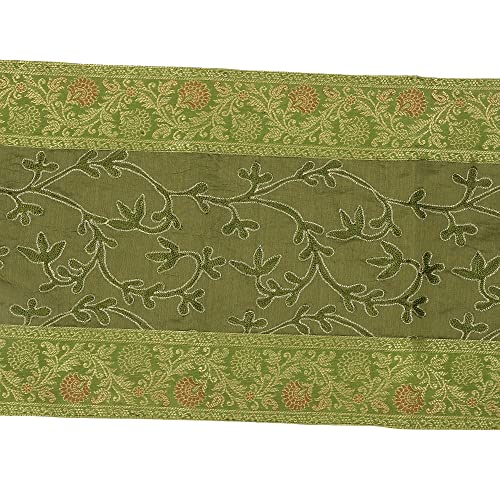 Image of E-EZRA Ari Zari Embroidery Table Runner for Dining Table 6 Seater 72IN Indian Satin Traditional Long Runner Up with Tassels Coffee Tablecloth for Room & Home Decor Runner (Green)