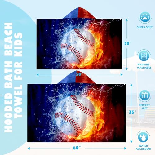 Image of Baseball Boys Beach Towel with Hoodie for Kids Toddlers Age 4-8,Sports Baseball Blue Bath Towels Shower Wrap for Boys, Hooded Poncho Beach Blanket for Pool Swimming Cute Wearable Bath Towel for Child