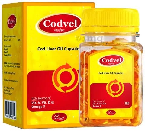 Codvel Cod Liver Fish Oil Capsules With Vitamin A,Vitamin D And Omega 3-100 Capsules