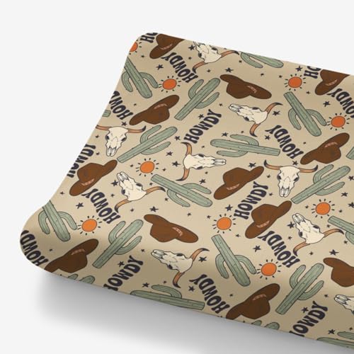 Image of Western Cowboy Howdy Hat Cactus Changing Pad Cover for Baby Boys, Boho Wild West Cow Lover Sun Star Diaper Change Table Covers, Soft Stretchy Safe Snug Fitted Changing Mat Sheets Fit 32"/34" x 16"