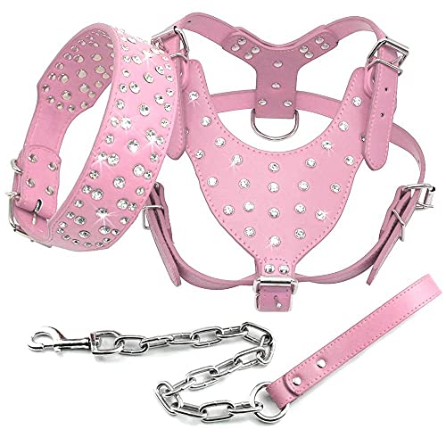 image for HUANSUN Bling Rhinestone Studded Leather Dog Pet Collar Harness Leash 