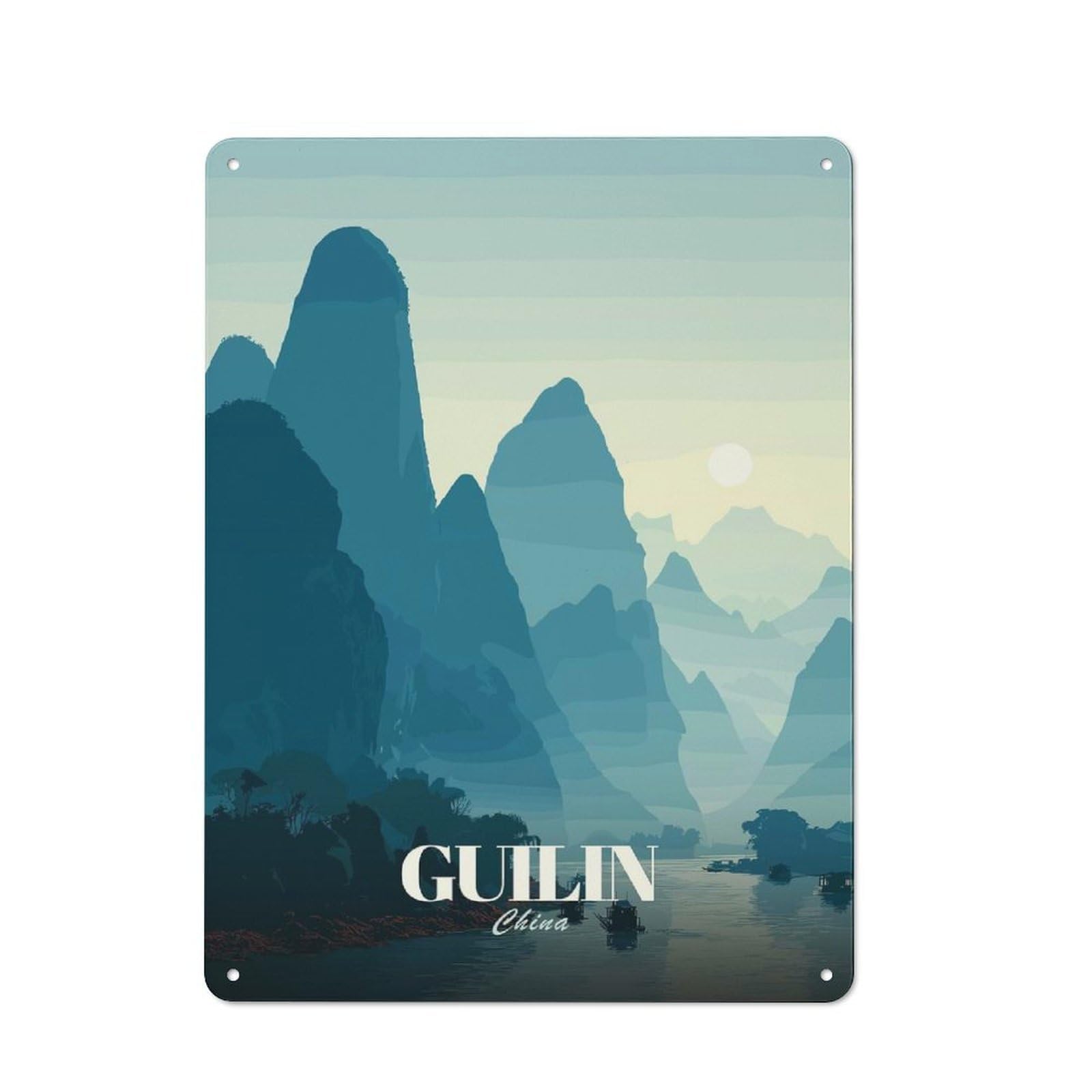 Vintage Tin Sign 40x30cm with Guilin China Landscape Illustration for Home Office Or Studio, New Home Wall Decor for Creative Workspace Decorators