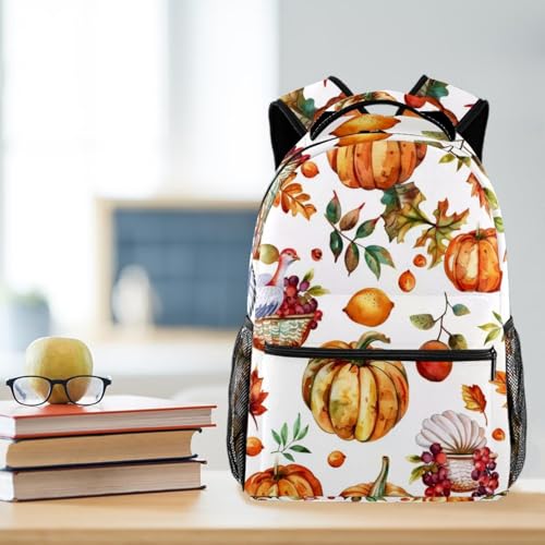 Sac à dos d'école imprimé citrouille et dinde multicolore avec porte-bouteille