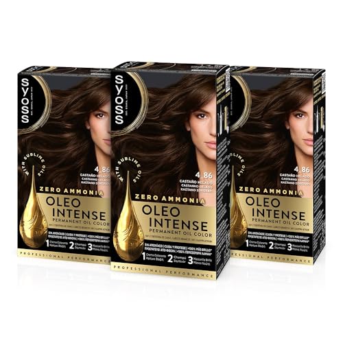 Syoss Oleo Intense - Tinte 4-86 Castaño Helado – Coloración permanente Sin Amoníaco – Cobertura profesional de canas – Resultados de peluquería (Pack De 3)