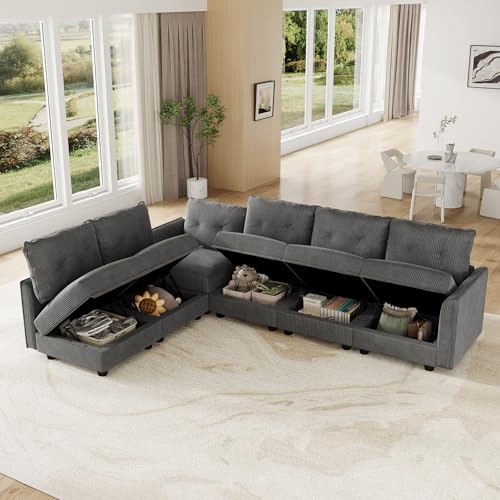 Image of LLappuil Corduroy Modular Sofa Set, 6-Seater Reversible L-Shaped Sectional Couch with Storage, Soft Fabric for Cozy Living Room, Apartment, Included Back Cushions & Throw Pillows, Grey