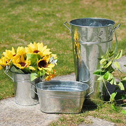 Hosley 3 Pack Of Galvanized Oval Planters 8 Inches Long (Handle To Handle) Ideal Farmhouse Decor For Weddings, Gift Special Events Parties Outdoor Planters W9 #TOP6