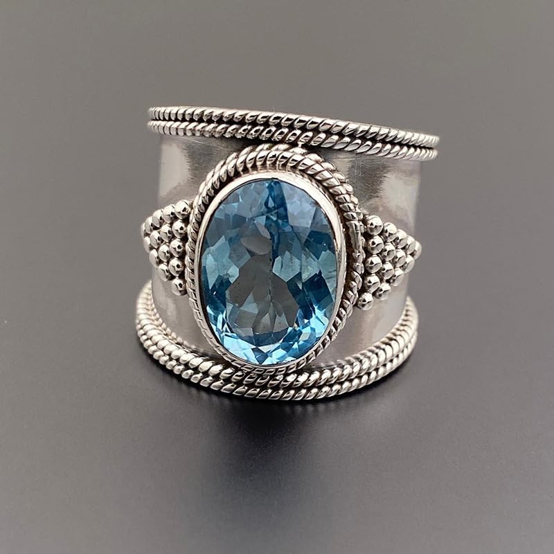 925 Silver Plated Chunky Colored Gemstones Statement Ring for Women,Blue Oval Cubic Zirconia Boho Rings Cocktail Mothers Day Bridesmaid Gift, Handmade Bands Jewelry Size 10# - Image 4