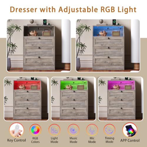 Image of Wodeer Grey Dresser 3 Drawer Nightstand, Wood Night Stand with LED Lights, Charging Station, Metal Handles, Modern Storage Cabinet and Organizer Drawers for Living Room, Hallway