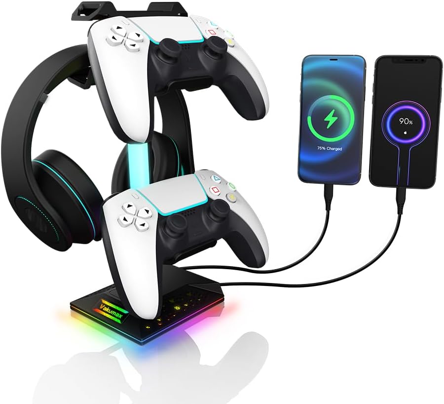 Headset and Controller Stand for Desk with Charging Hub - 2 USB + USB-C Ports, RGB Gaming Headphone Holder with 10 Color Modes, Desk Organizer for Earphone Support, PC Gamer Accessory Gift