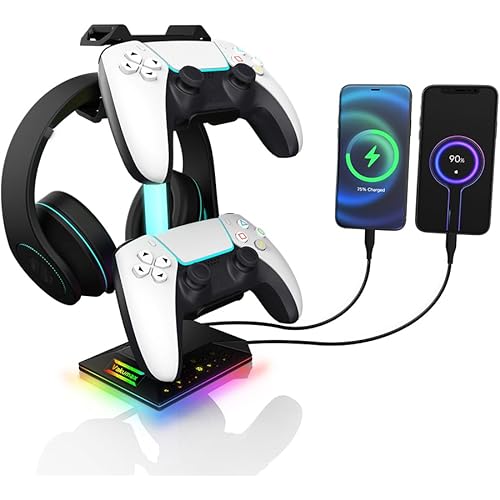 RGB Gaming Headphone & Controller Stand for Desk with Charging Hub - 2 USB + USB-C Ports, Headset Holder with 10 Color Modes, Desk Organizer for Earphone Accessories, PC Gamer Accessory Gift