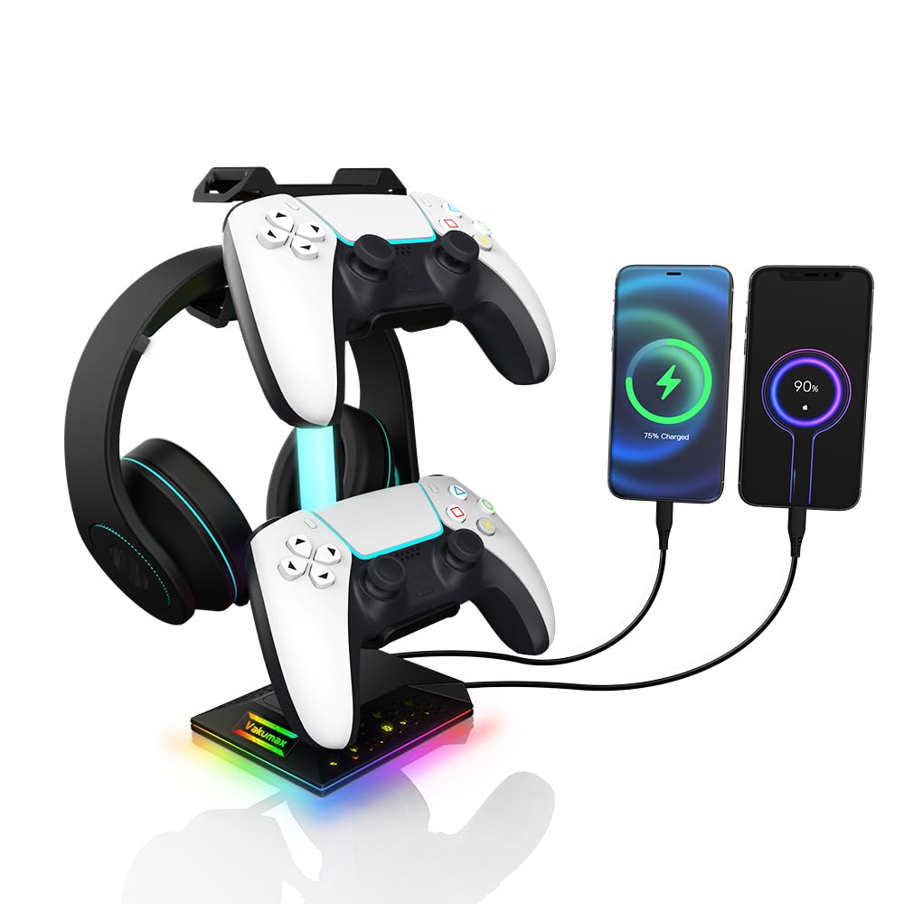 Supporto per cuffie e controller per scrivania con hub di ricarica, 2 porte USB + USB-C, supporto per cuffie da gioco RGB con 10 modalità di colore, organizer da scrivania per accessori per auricolari