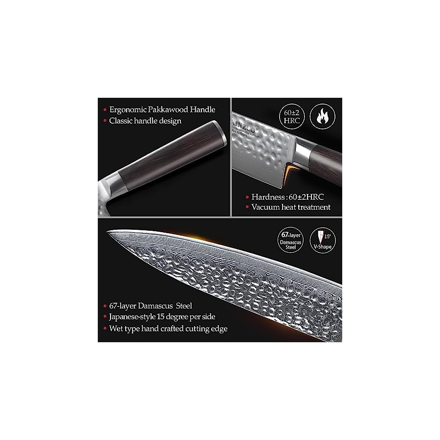 Damascus Knife Set, 6 PCS Utility Chef Knives Sets - 67 Layers Damascus Stainless Steel - Excellent Acacia Wood Knife Block Kitchen Knife Set