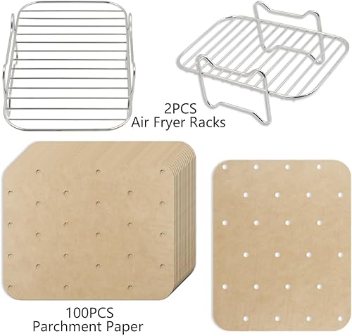 Miniatura 7 de Juego de 2 estantes para freidora de aire con 100 piezas de papel pergamino compatible con Ninja Foodi DZ201, DZ401, 304 de acero inoxidable 304