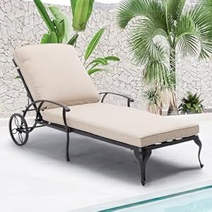 HOMEFUN Outdoor Chaise Lounge Chair with Cushion Poolside Set of 1 Chair for Outside Cast Aluminum Waterproof Lounger with Wheels and Adjustable Reclining Beige Cushion