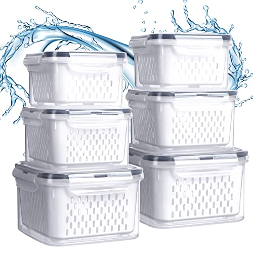 Image of 6 Pcs Fruit Storage Containers for Fridge, Food Storage Containers Berry Produce Fridge Organizer with Removable Colander Keep Fruits, Vegetable, Veggie, Meat Fresh Longer(Small, Medium, Large)