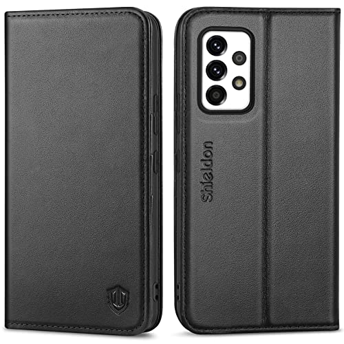 SHIELDON Galaxy A53 Hülle 5G, Stoßfeste Handyhülle [100% Rindsleder] [RFID-Sperre] [Kartenfach] [Magnetverschluss] [Stand] TPU Schutzhülle Lederhülle Klapphülle Kompatibel für Galaxy A53 6.5 Schwarz Cover