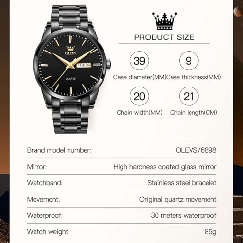Men's Casual Stainless Steel Watch, Big Face Round Analog Quartz Watch with Day and Date, Classic Waterproof Simple Dial Dress Watch for Men, Gold Silver Black Band - Image 6