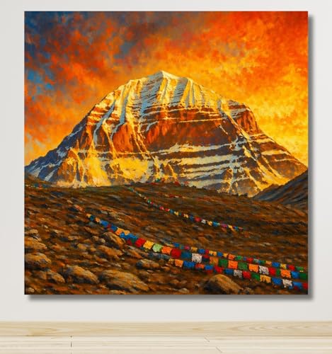 Image of Kunj Cart Mount Kailash Painting | 10+ DESIGNS | Kailash Parvat Canvas Painting for Living Room, Temple Home & Office Wall Decoration (Mount Kailash, 18x18 Inch, Framed)