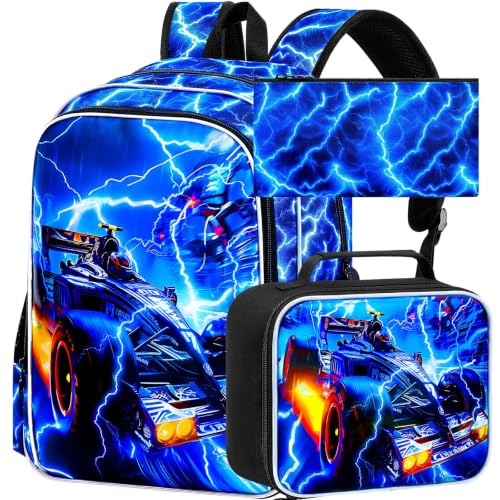 Image of 3Pcs Race Car Backpack, Boys Lightning Kids Bookbag with Lunch Box, 17 inch School Backpacks for Elementary Preschool Kindergarten (Blue)