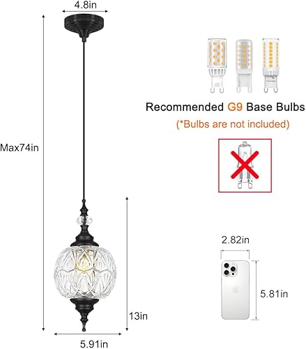 Miniatura 4 de Paquete de 2 luces colgantes para isla de cocina, lámpara colgante vintage negra con pantalla de vidrio desmontable, luz colgante ajustable para