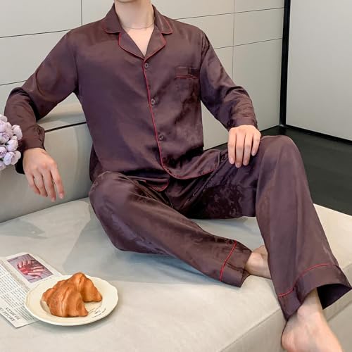 Couples Silk Satin Pajama Sets Long Sleeve V-Neck Button-Down Top and Pants Loungewear with Pockets for Couples3