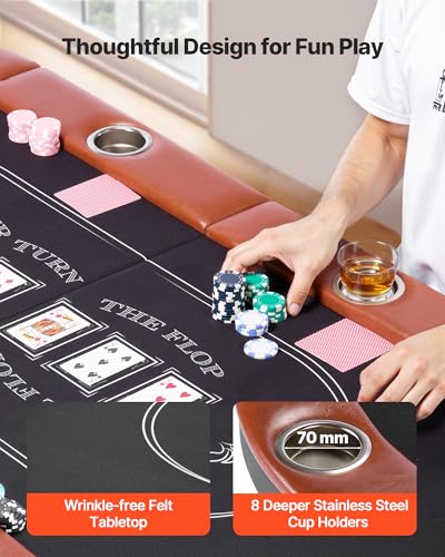 VEVOR klappbarer Pokertisch für 8 Spieler (183 cm) Kasino-Freizeittisch mit gepolsterten Schienen & Getränkehaltern, ovale tragbare Spieltische mit Filz- und Metallbeinen, Texas Hold’em Poker