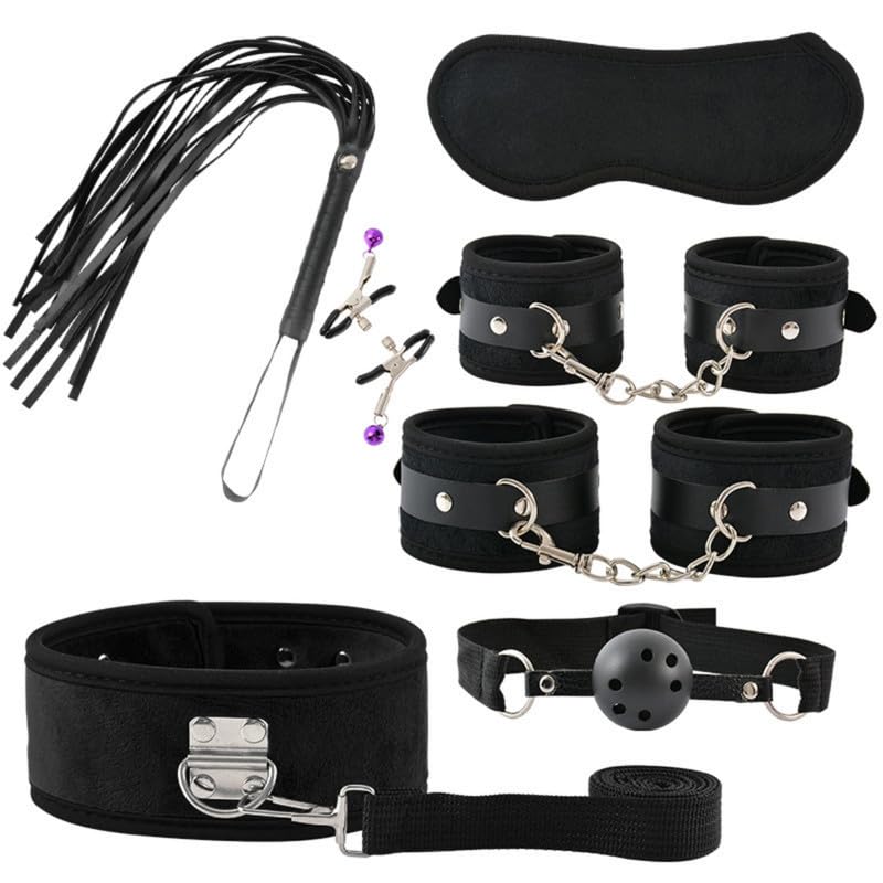  Set di Sette Pezzi di Pelle di Cristallo Nero con Intreccie E Manette, Attrezzature per Interni di Dimensioni Regolabili, Regalo per Coppia Cinturina Sessuale